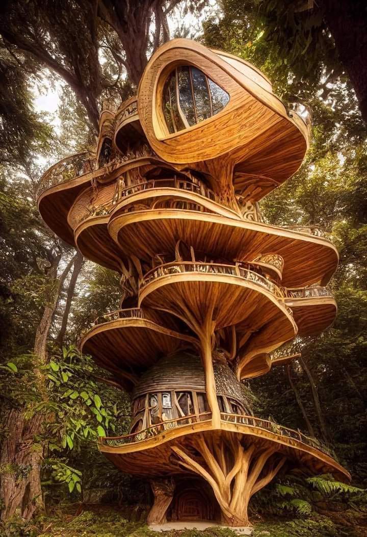 A many-tiered timber treehouse spiraling up a living tree